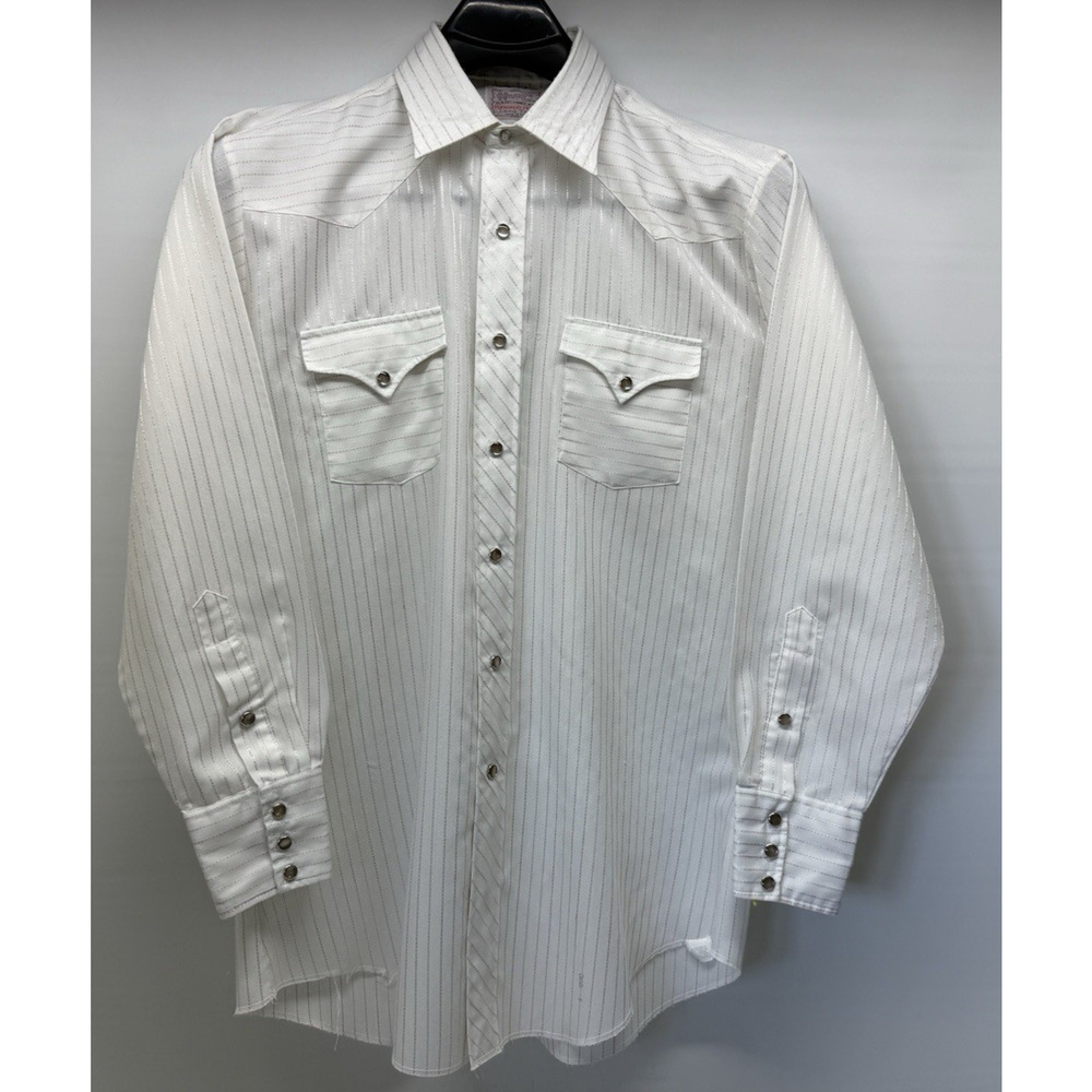 Vtg H BAR C Ranchwear Mens White Pinstripe Pearl Snap Long Sleeve Western Shirt
